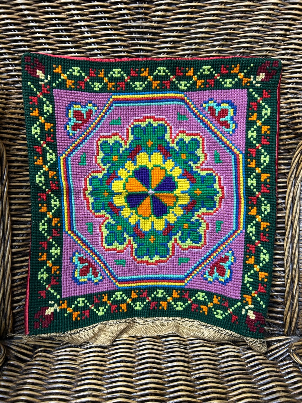 Vintage Ukrainian Purple, Green and Yellow Floral Needlepoint Accent Pillow